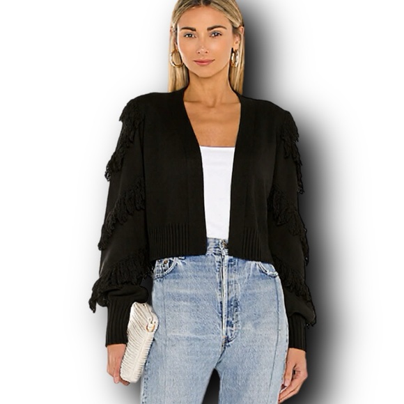 525 America Sweaters - Revolve Brand 525 Fringe Open Cardigan in Black